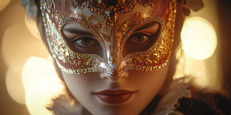 Mysterious Woman in a Colorful Venetian Carnival Mask, Captivating Eyes in a Festive Atmosphereの素材
