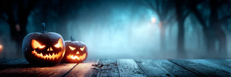 Carved Pumpkins with Eerie Faces on a Rustic Wood Surface Perfect for a Spooky Halloween Nightの素材