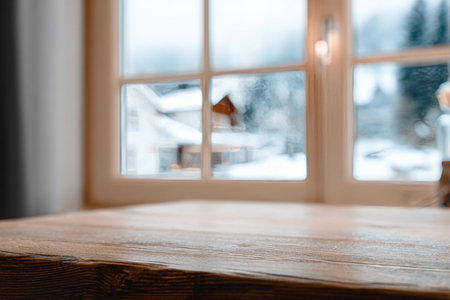 Cozy Indoor Scene with Wood Surface and Soft Snow-Covered Trees Visible Through a Windowの素材