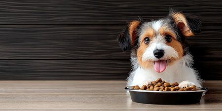 Adorable puppy happily eating from a bowl, showcasing its appetite and cuteness in a cozy home.の素材