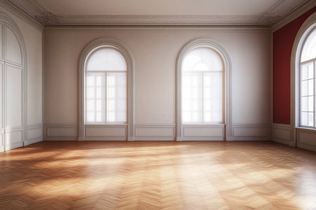 Spacious, Bright, and Elegant Empty Room Bathed in Sunlight on Wooden Floor for Design Inspirationの素材