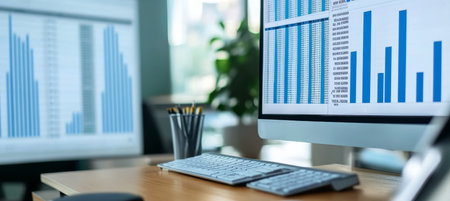 Office Workspace with Financial Data Analysis, Software Tools, and Research Solutionsの素材