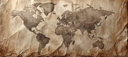 Antique World Map With Detailed Continents In Sepia Tones Set On A Vintage Dark Paper Backgroundの素材