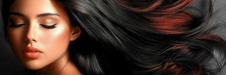 Gorgeous Woman with Flowing Black Hair and Red Highlights, Glossy and Voluminous Hairstyle in Studioの素材