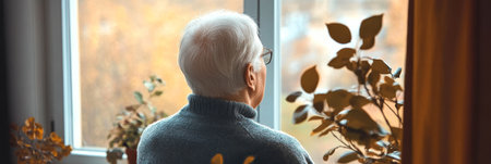 Elderly Man Reflecting by the Window, Deep in Thought About Life s Journey and Memoriesの素材