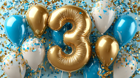 Vibrant Celebration of Three Years with Colorful Balloons, Confetti, and Joyful Moments Capturedの素材