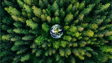 Aerial View of Earth Globe Surrounded by Green Forests, Symbolizing Global Sustainability Effortsの素材