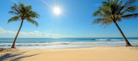 Tropical Beach Paradise A Serene Escape with Palm Trees, Crystal Clear Water, and Vibrant Sunlightの素材
