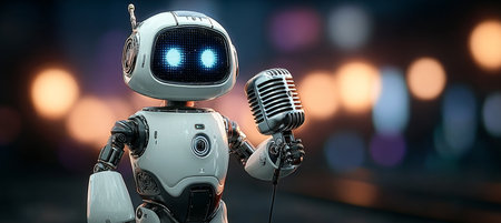 Charming Robot Vocalist Showman Holding a Classic Microphone Against a Beautiful Bokeh City Glowの素材