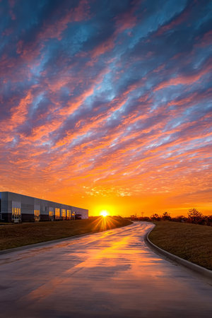 Breathtaking sunrise illuminating a deserted wet road with a modern building under a dramatic skyの素材