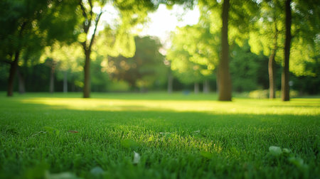 Lush Green Lawn Landscape with Trees and Sunlight, Ideal for Relaxation and Recreation in Summerの素材