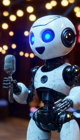 Futuristic robot with blue eyes singing into a vintage microphone, creating an electronic melody.の素材