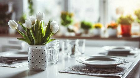 Charming Spring Table Setting with White Tulips, Plates, Glasses, and Placemats by the Windowの素材