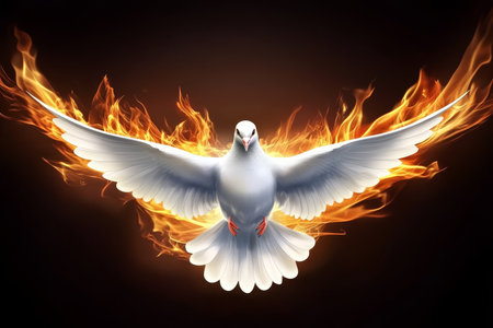 Majestic Dove Flying Through a Fiery Sky, Symbolizing Spirituality, Peace, and Divine Inspirationの素材
