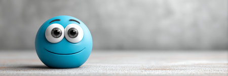 Cheerful Blue Emoticon with Big Playful Eyes on Beige Surface, Smiling with Joyful Expressionの素材
