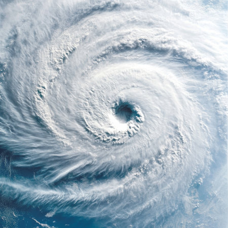 Astonishing View of a Powerful Hurricane Swirling Over Earth, Surrounded by Dramatic Cloud Patternsの素材