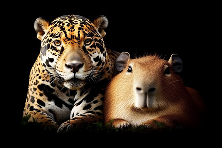 Majestic Jaguar and Gentle Capybara Sharing a Serene Moment in Nature s Embrace, Wildlife Harmonyの素材