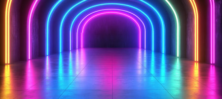 Vibrant Neon Arches Create Stunning Optical Illusions on Glossy Floor with Reflected Rainbow Lightsの素材