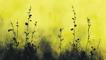 Minimalist Botanical Silhouette Art Featuring Wildflowers in a Mustard Yellow Environmentの素材