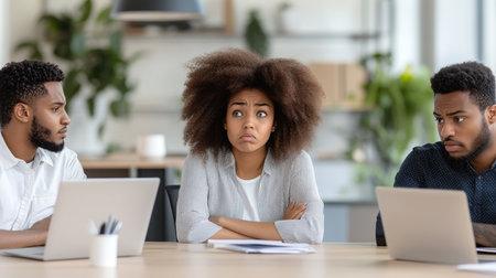 Young Woman Feeling Tension in Modern Workplace with Coworkers, Stressful Office Dynamics at Playの素材