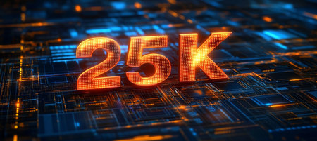 Volumetric 25000 Symbol Glowing on Abstract Technology Surface for Celebrating Social Media Growthの素材