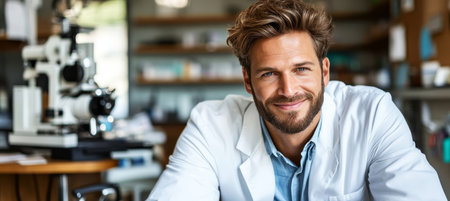 A Skilled Doctor in a White Coat at an Optometry Clinic Conducting Advanced Vision Assessmentsの素材
