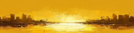 Stunning Golden Cityscape Painting with Textured Brush Strokes and Vibrant Yellow Urban Landscapeの素材