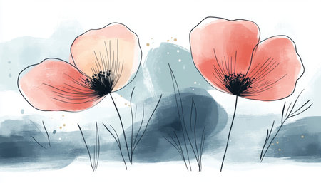 Soft Pastel Coral Floral Watercolor Painting with Delicate Blossoms and Minimalist Flower Outlinesの素材