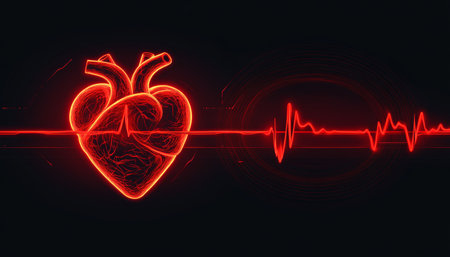 Glowing Heart and Electrocardiogram Wave Illustration on Dark Background, Medical Significanceの素材