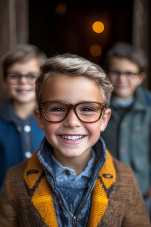 Happy Family Fun Kids in Colorful Glasses Smiling Brightly, Celebrating Eye Care Togetherの素材