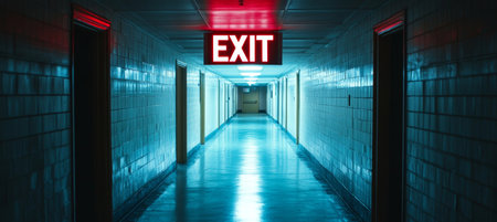 Neon Illuminated Exit Signs Guide the Way Through an Ominous Hospital Corridor at Nightの素材