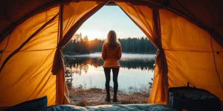Woman Relaxing at Lake with Beautiful Forest View from Tent Doorway on a Peaceful Morning Escapeの素材