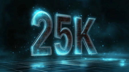 Futuristic 3D Illustration of Glowing Number 25K in a Digital Landscape Celebrating Achievementの素材