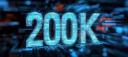 Futuristic 3D glowing number 200K, representing growth and achievement in a technological landscape.の素材