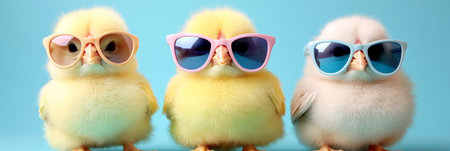Charming Easter Trio Adorable Chicks in Trendy Sunglasses Posing on a Soft Azure Backgroundの素材