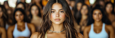 Energetic group aerobics workout featuring beautiful women training in a bright studio environmentの素材