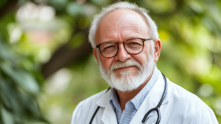 Experienced Elderly Physician with White Hair and Glasses Examining Patient with Warmthの素材