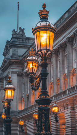 Stunning Illuminated Lampposts Highlighting The Grand Facade of Buckingham Palace in London, UKの素材