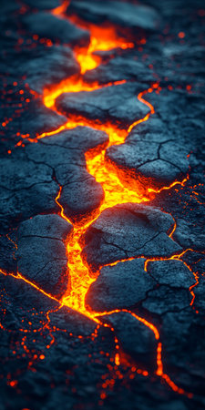 Lava Flowing Vividly through Deep Fissures on Volcanic Surface, Creating Fiery Trails of Destructionの素材