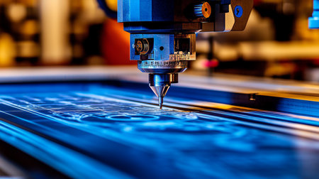 CNC Precision Machinery in Action, Milling and Engraving with High-Tech Blueprint Backgroundの素材