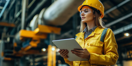 Technician Inspecting Manufacturing Process with Tablet, Assessing CNC Machine Condition Safelyの素材