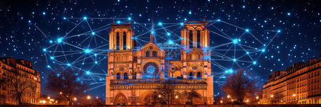 Stunning Night View of Notre Dame Cathedral in Paris, France with Starry Sky and Digital Art Styleの素材