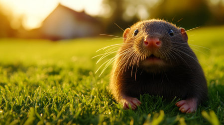 Charming Mole Emerging from Lush Green Grass Field at Sunset with Warm Golden Light Surrounding Itの素材