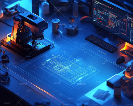 Advanced CNC Milling Workstation with Precision Engineering and 3D Carving in Blue Lightingの素材