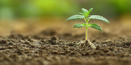 Young Cannabis Plant Sprout with Visible Roots, Thriving in Potting Soil, Ready for Growth and Careの素材