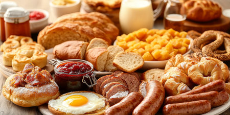 Delightful Morning Breakfast Featuring Bakery Dishes, Sweet and Savory Plates with Tasty Foodsの素材