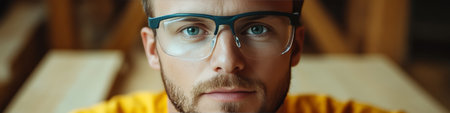 Safety advocate promoting protective eyewear in woodworking industry for enhanced safety standards.の素材