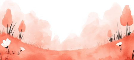 Gentle Peach Watercolor Idyllic Backdrop Featuring Detailed Wildflowers and Lush Green Grassの素材