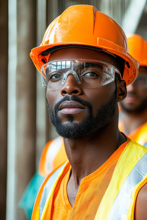 Dedicated construction worker in protective gear highlighting safety, diligence, and commitmentの素材