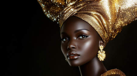 Glamorous African Woman with Stunning Golden Headwrap and Earrings, Elegant Beauty in Dark Tonesの素材